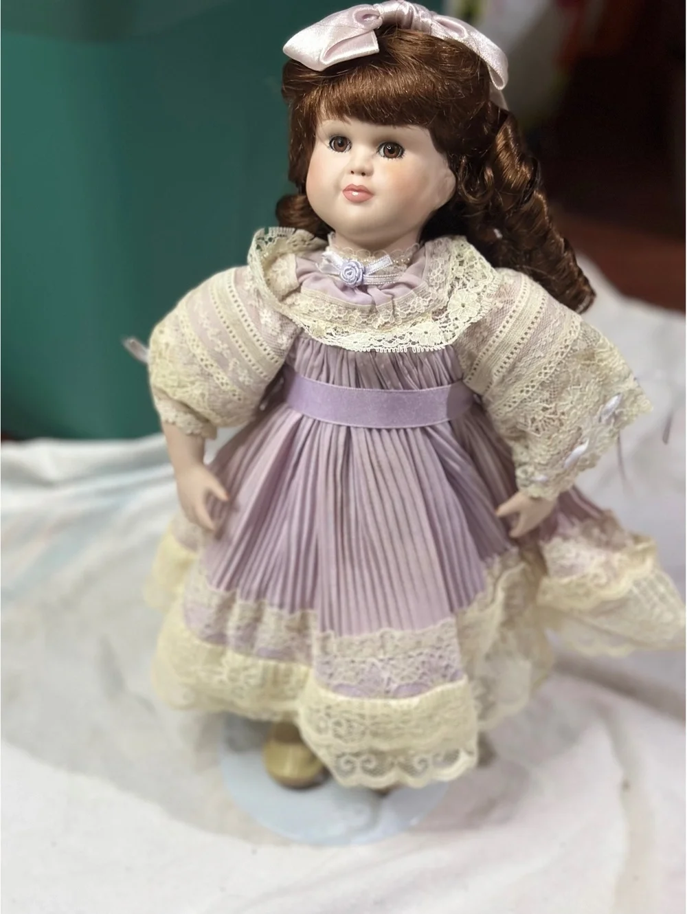 Vintage Porcelain Doll with Lavender Dress and Lace Details